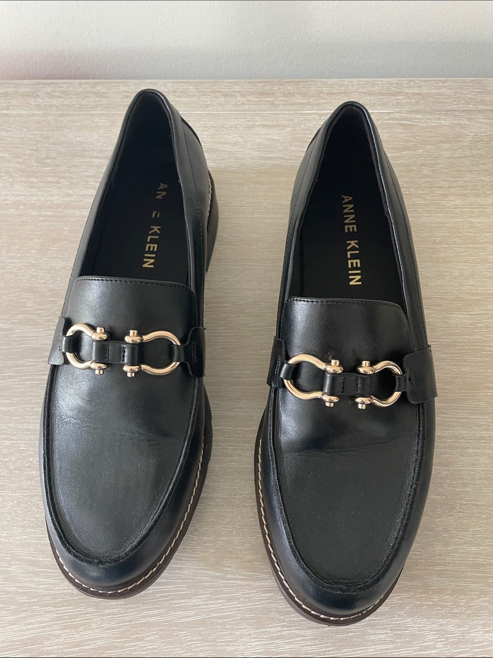 Anne Klein Black Leather Loafers with Gold Hardware